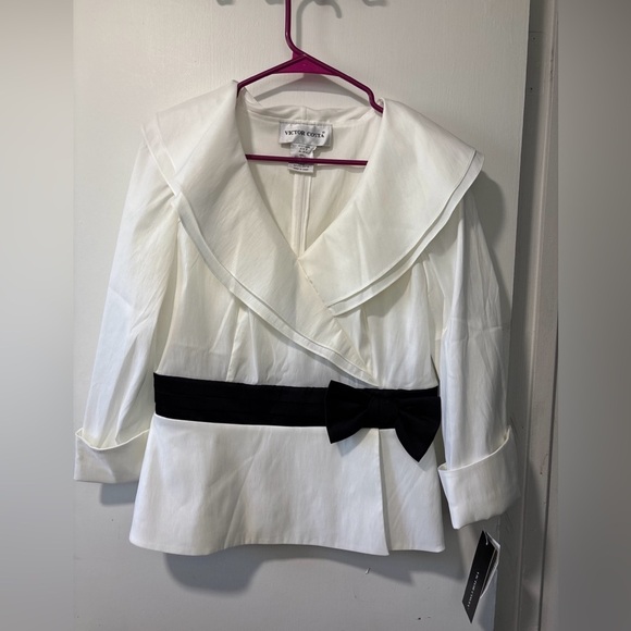 NWT Vintage Victor Costa White Black Evening Blouse Bow Size 8 Formal - Picture 2 of 10